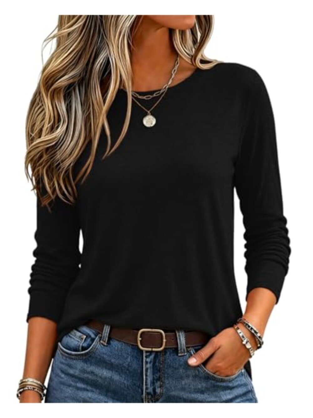 Zeagoo Womens Long Sleeve Crewneck T-Shirt Soft Poly Blend Basic Casual Top